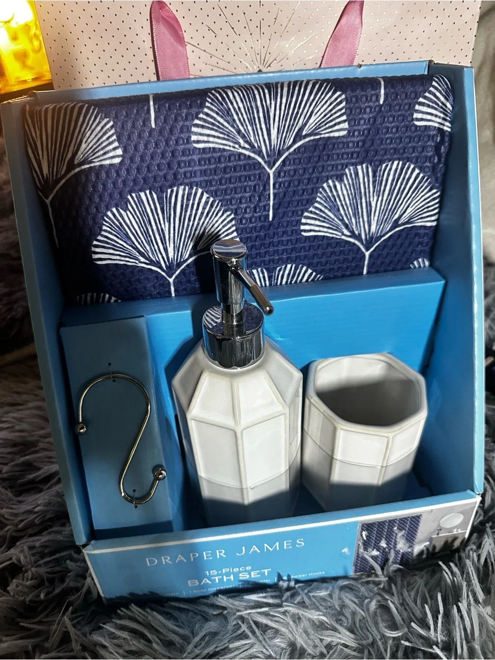 15PCS Draper James Navy & White Ceramic Bath Accessory Set/Floral Shower Towel